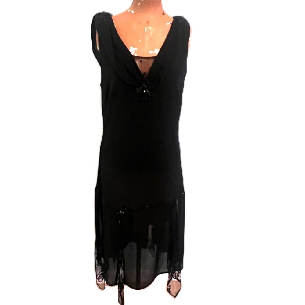 Unique Vintage Flapper Style Dress 2X Black Beaded Sleeveless Lace Sequins Jewel - Picture 4 of 14